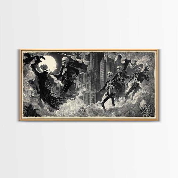 The Haunted City Skyline, Macabre Folk Print Art, Wide Panoramic Art, Gothic Horror Wall Art, Canvas Print, Halloween Wall Art