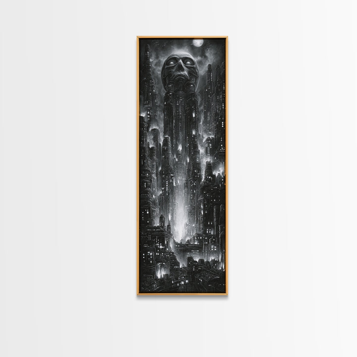 The Haunted City Skyline, Biomechanical Horror Art, Tall Narrow Wall Art, Dark Fantasy Wall Art, Canvas Print, Halloween Wall Art
