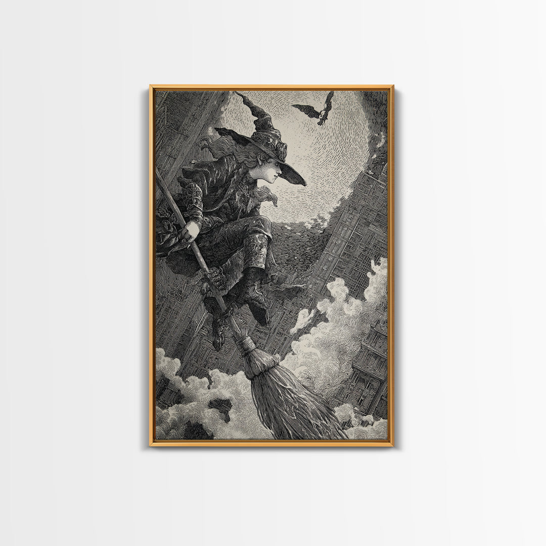 The Cyberpunk Witch, Renaissance Engraving Art, Vertical Wall Art, Dark Fantasy Wall Art, Framed Canvas Print, Halloween Wall Art