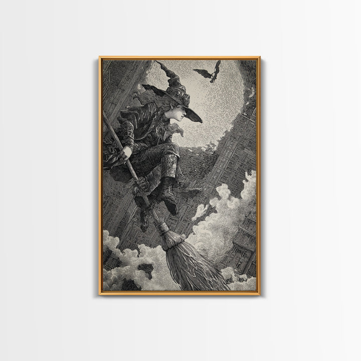 The Cyberpunk Witch, Renaissance Engraving Art, Vertical Wall Art, Dark Fantasy Wall Art, Framed Canvas Print, Halloween Wall Art