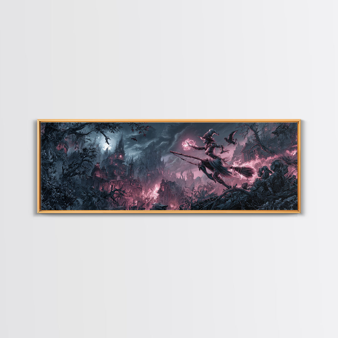 The Cyberpunk Witch, Baroque Witchcraft Art, Extra Wide Wall Art, Dark Halloween Decor, Framed Canvas Print, Halloween Wall Art