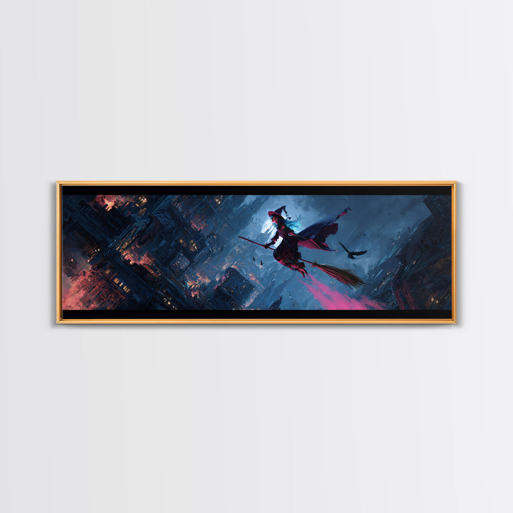 The Cyberpunk Witch, Apocalyptic Romantic Art, Extra Wide Wall Art, Dark Halloween Decor, Framed Canvas Print, Halloween Wall Art