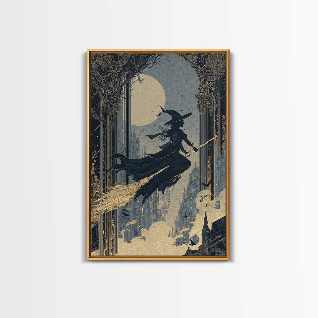 The Cyberpunk Witch, Decadent Line Art, Vertical Wall Art, Dark Fantasy Wall Art, Framed Canvas Print, Halloween Wall Art