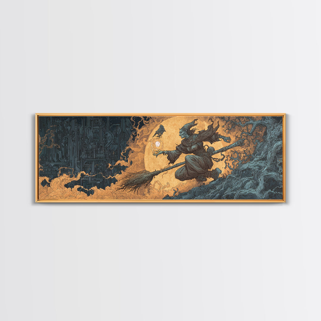 The Cyberpunk Witch, Gothic Storybook Art, Extra Wide Wall Art, Gothic Horror Wall Art, Canvas Print, Halloween Wall Art