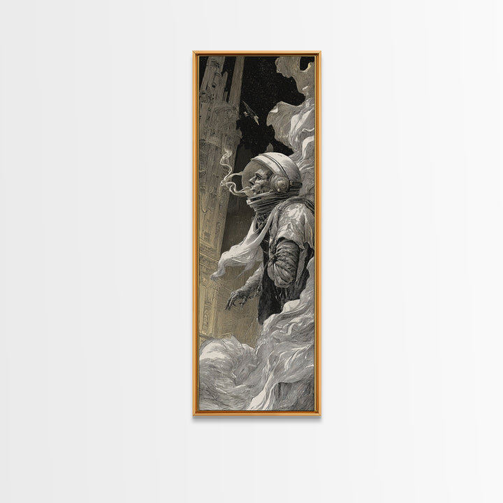 The Astronaut Ghost, Gothic Engraving Art, Tall Narrow Wall Art, Dark Halloween Decor, Framed Canvas Print, Halloween Wall Art
