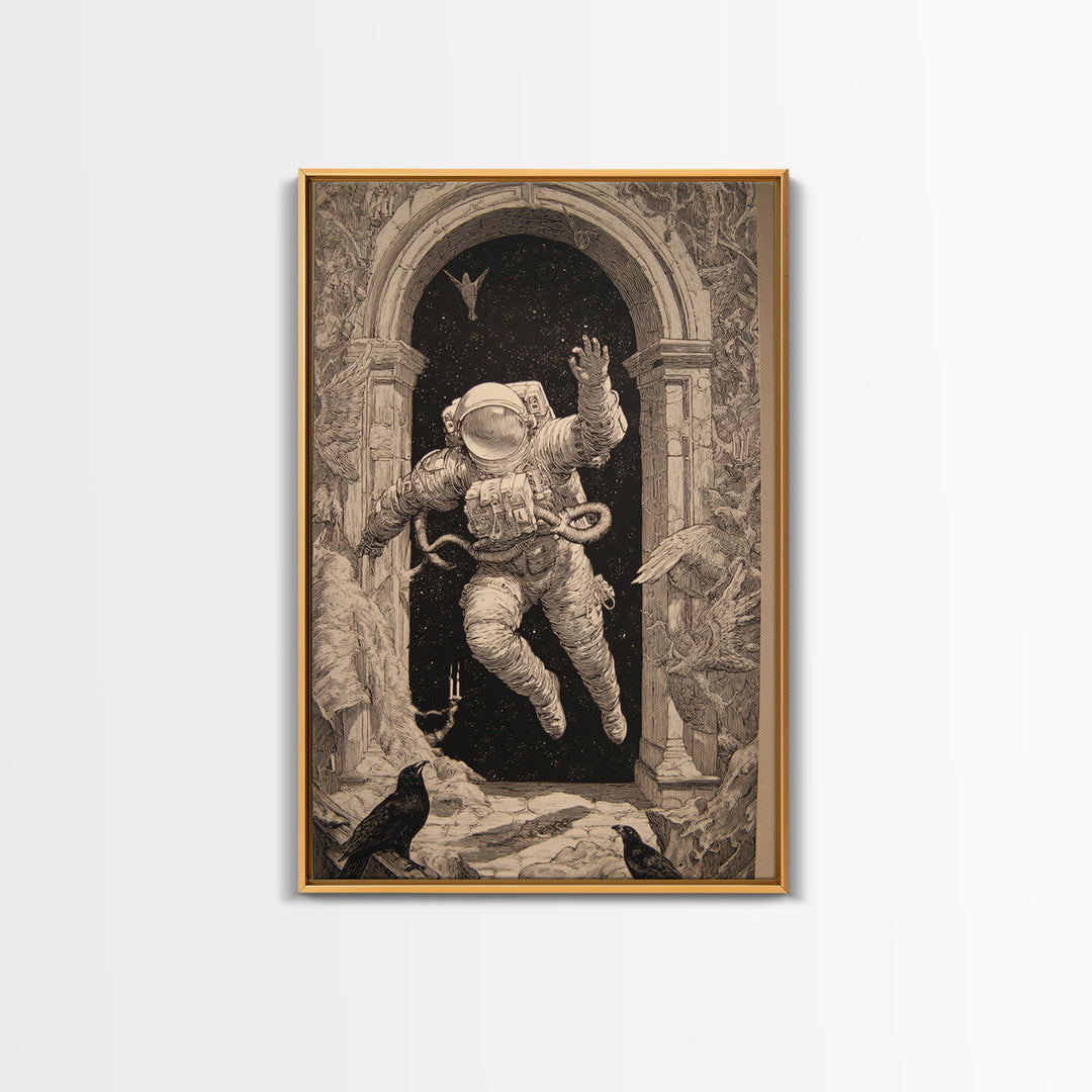 The Astronaut Ghost, Renaissance Engraving Art, Vertical Wall Art, Dark Fantasy Wall Art, Framed Canvas Print, Halloween Wall Art