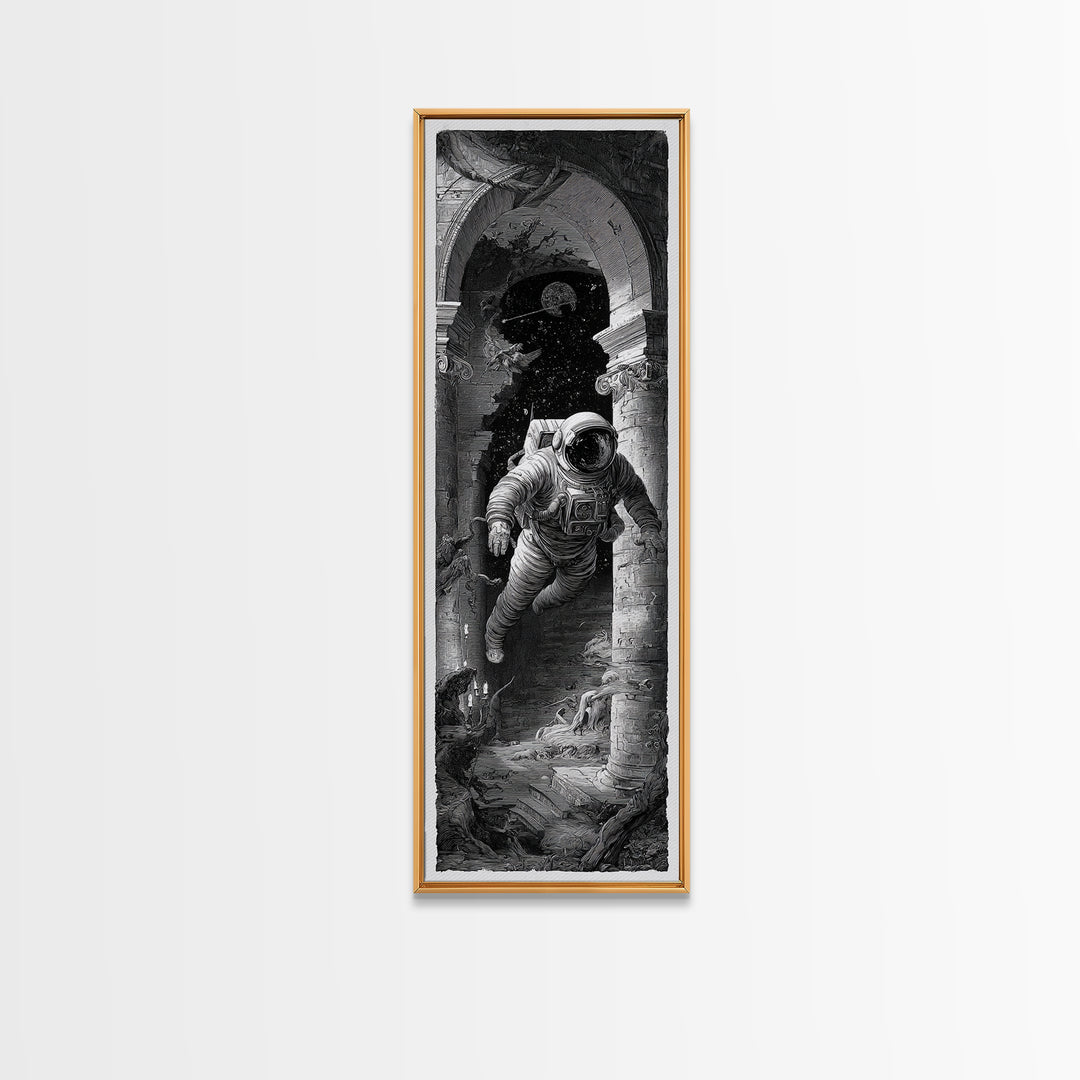The Astronaut Ghost, Architectural Etching Art, Tall Narrow Wall Art, Dark Halloween Decor, Framed Canvas Print