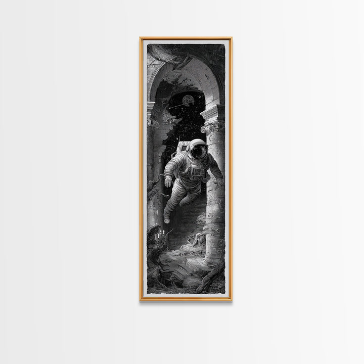 The Astronaut Ghost, Architectural Etching Art, Tall Narrow Wall Art, Dark Halloween Decor, Framed Canvas Print