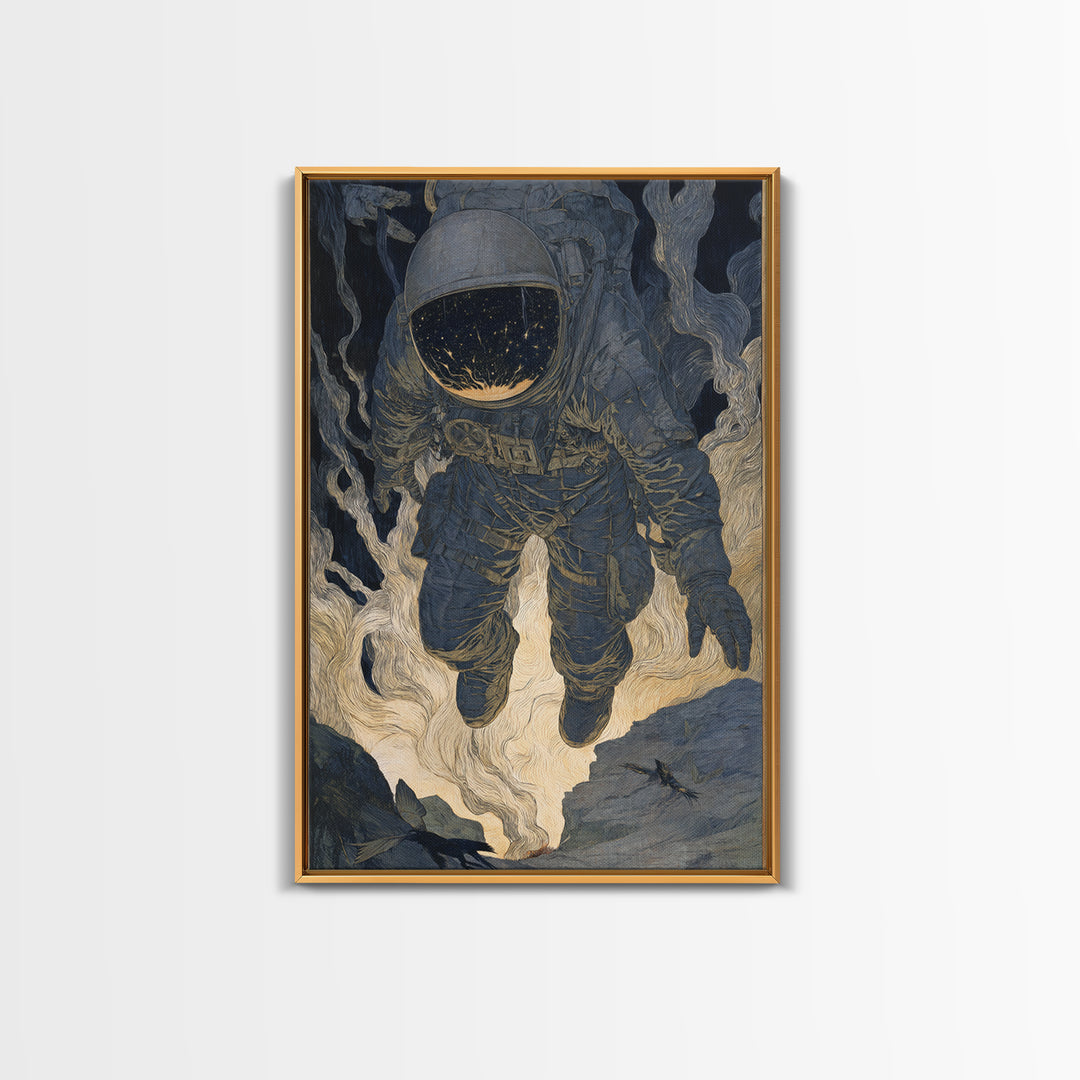 The Astronaut Ghost, Symbolist Etching Art, Vertical Wall Art, Macabre Wall Art, Framed Canvas Print, Halloween Wall Art