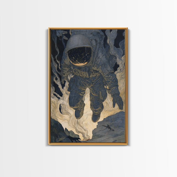 The Astronaut Ghost, Symbolist Etching Art, Vertical Wall Art, Macabre Wall Art, Framed Canvas Print, Halloween Wall Art
