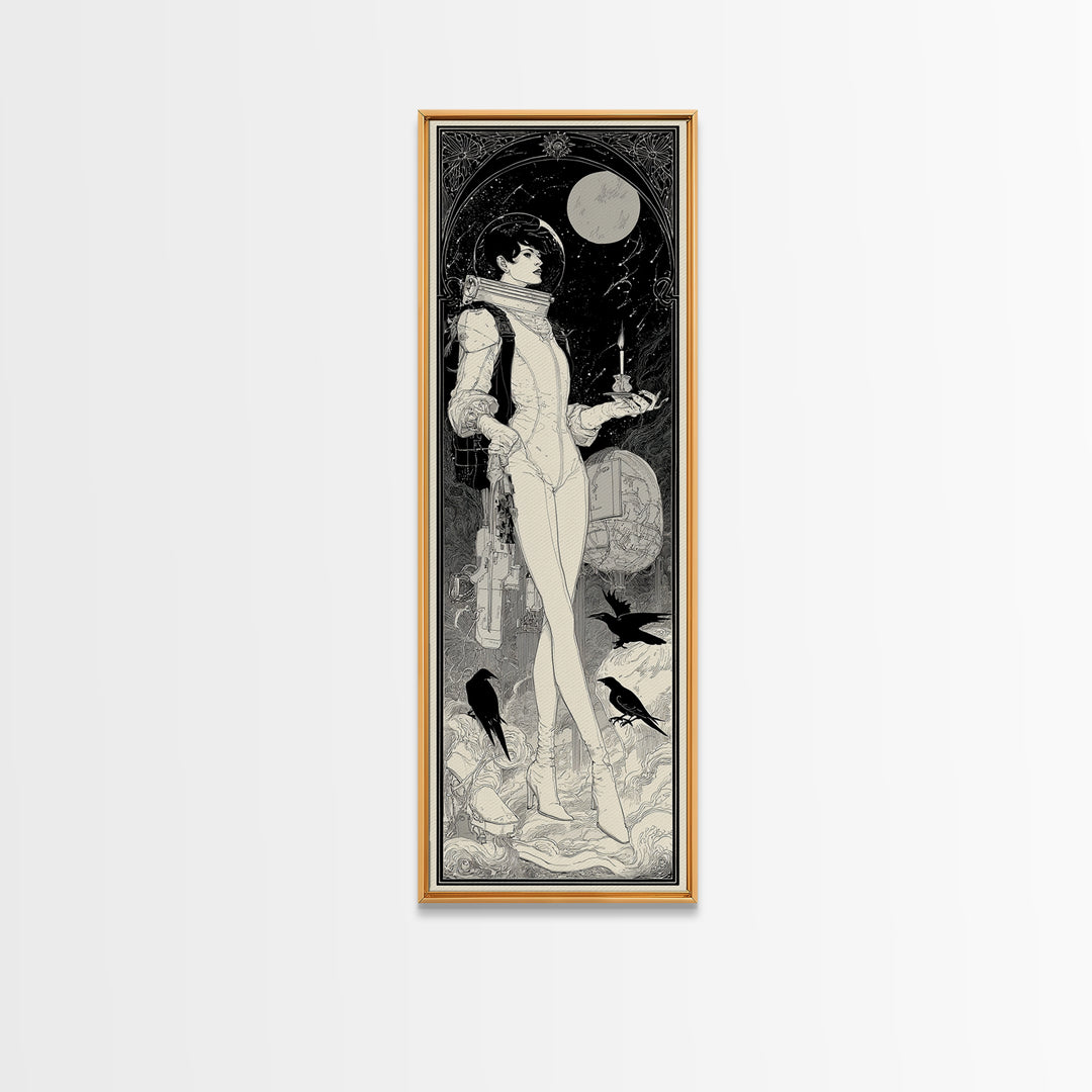 The Astronaut Ghost, Decadent Line Art, Tall Narrow Wall Art, Gothic Horror Wall Art, Canvas Print, Halloween Wall Art