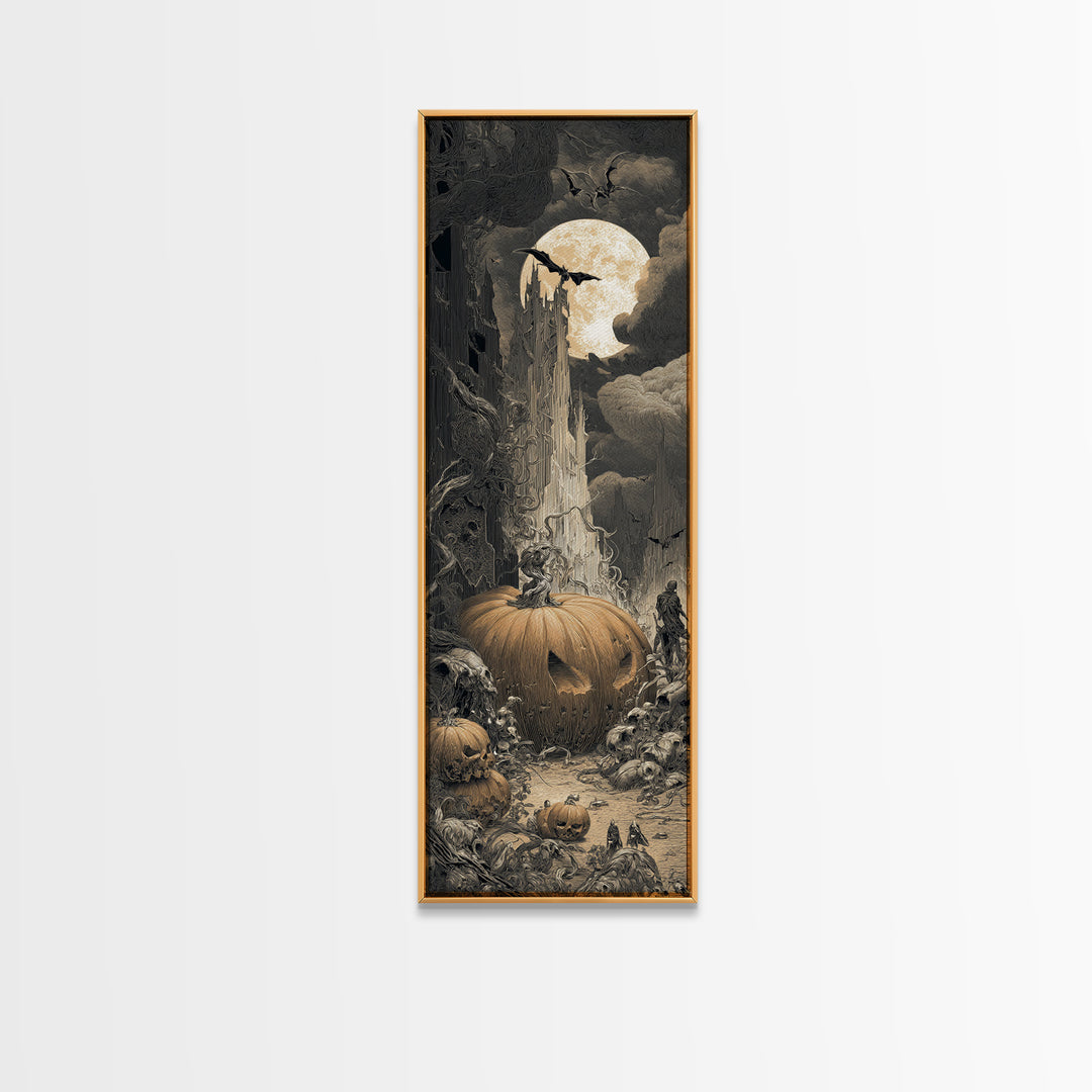 The Alien Pumpkin Patch, Gothic Engraving Art, Tall Narrow Wall Art, Dark Fantasy Wall Art, Canvas Print, Halloween Wall Art