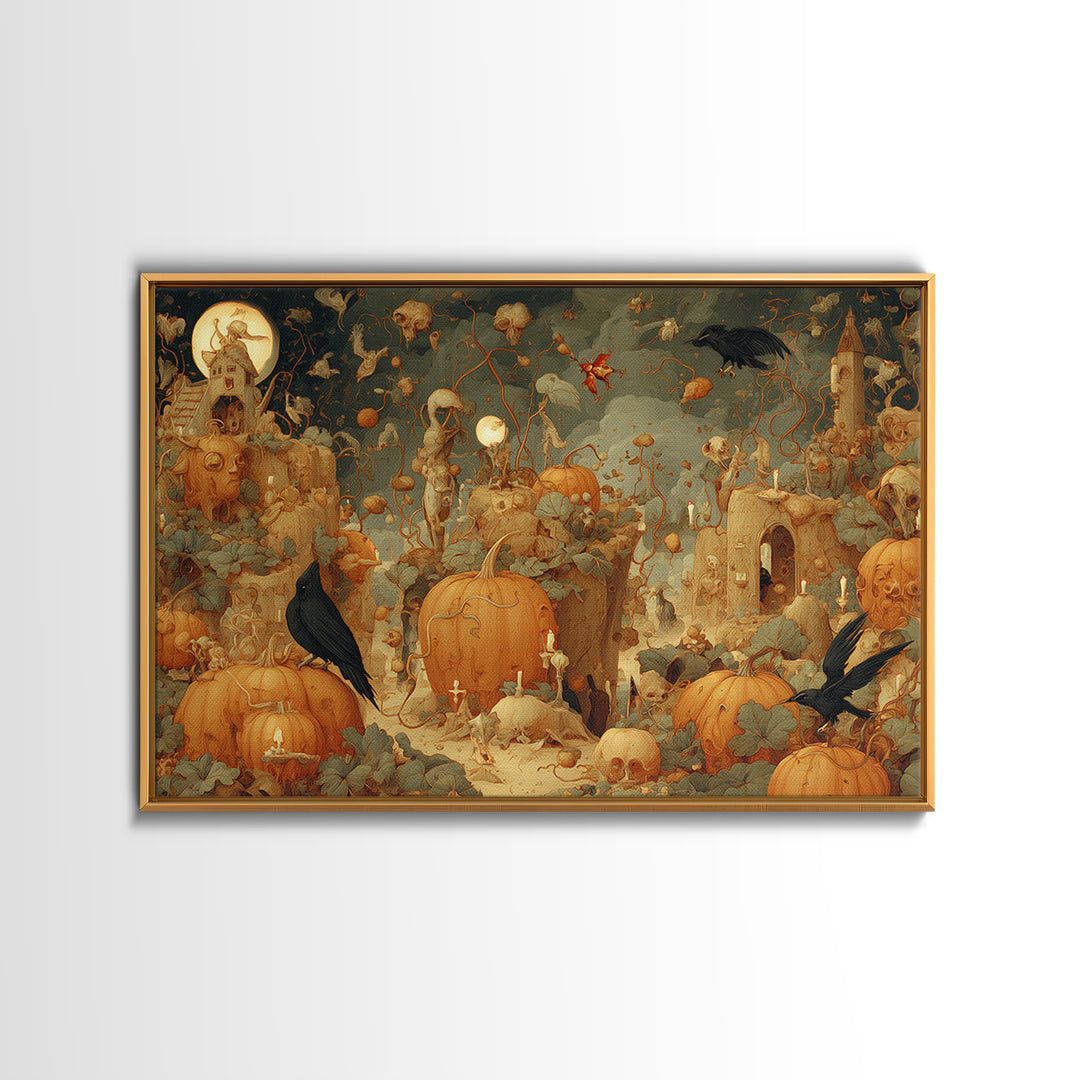 The Alien Pumpkin Patch, Medieval Grotesque Art, Landscape Wall Art, Macabre Wall Art, Canvas Print, Halloween Wall Art