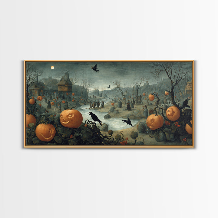The Alien Pumpkin Patch, Northern Renaissance Horror, Wide Panoramic Art, Dark Halloween Decor, Canvas Print, Halloween Wall Art