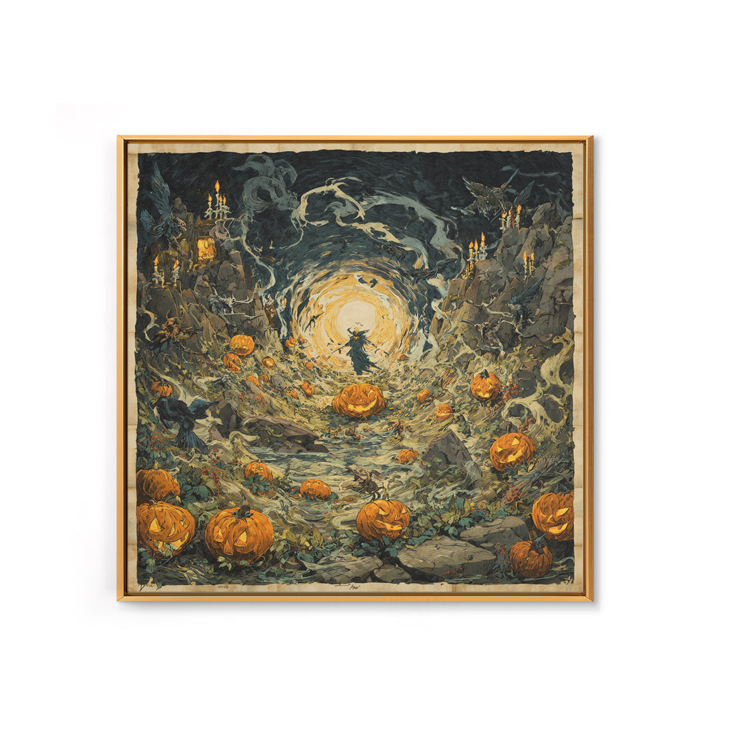 The Alien Pumpkin Patch, Symbolist Etching Art, Square Wall Art, Dark Fantasy Wall Art, Canvas Print, Halloween Wall Art