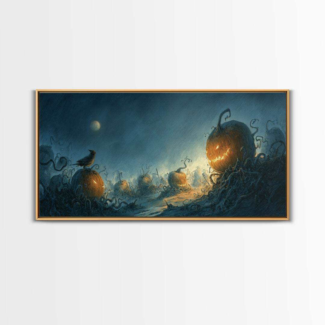 The Alien Pumpkin Patch, Expressionist Nightmare Art, Wide Panoramic Art, Macabre Wall Art, Framed Canvas Print, Halloween Wall Art