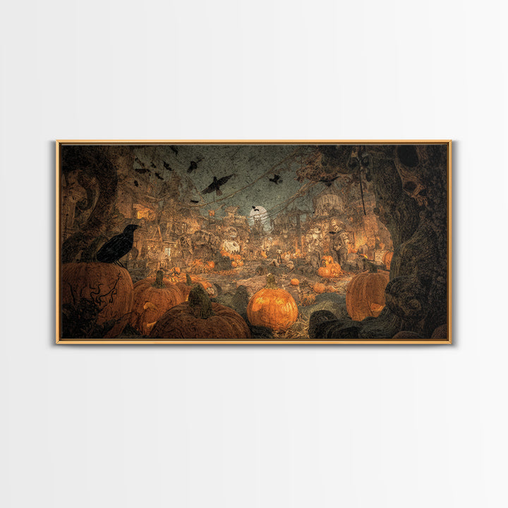 The Alien Pumpkin Patch, Grotesque Carnival Art, Wide Panoramic Art, Gothic Horror Wall Art, Framed Canvas Print, Halloween Wall Art