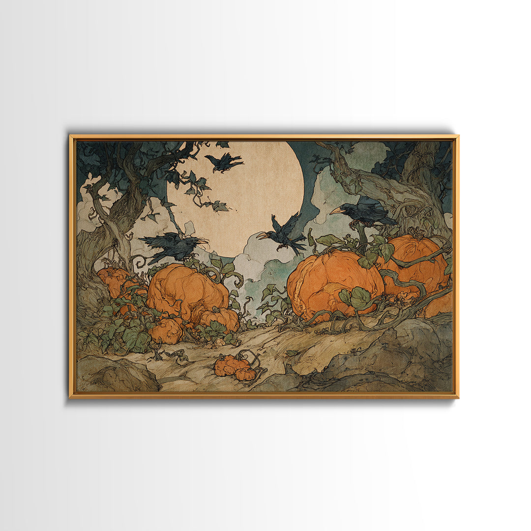 The Alien Pumpkin Patch, Gothic Storybook Art, Landscape Wall Art, Macabre Wall Art, Framed Canvas Print, Halloween Wall Art