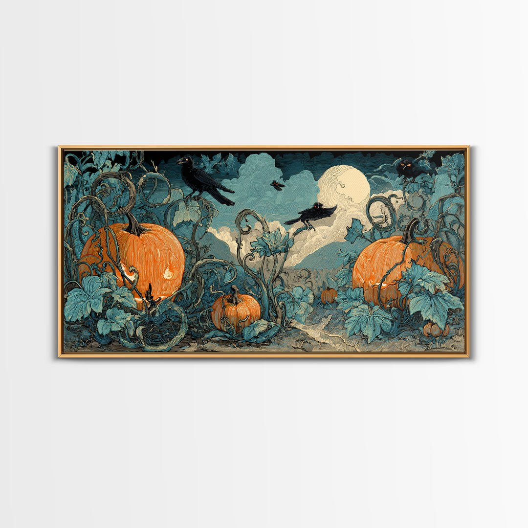 The Alien Pumpkin Patch, Macabre Folk Print Art, Wide Panoramic Art, Macabre Wall Art, Canvas Print, Halloween Wall Art