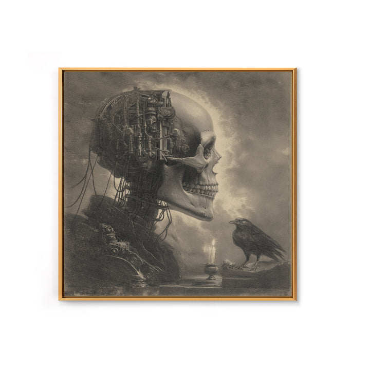 The Biomechanical Skeleton, Symbolist Etching Art, Square Wall Art, Dark Fantasy Wall Art, Canvas Print, Halloween Wall Art