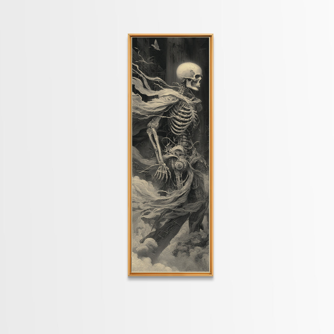The Biomechanical Skeleton, Surreal Apocalyptic Art, Tall Narrow Wall Art, Gothic Horror Wall Art, Framed Canvas Print