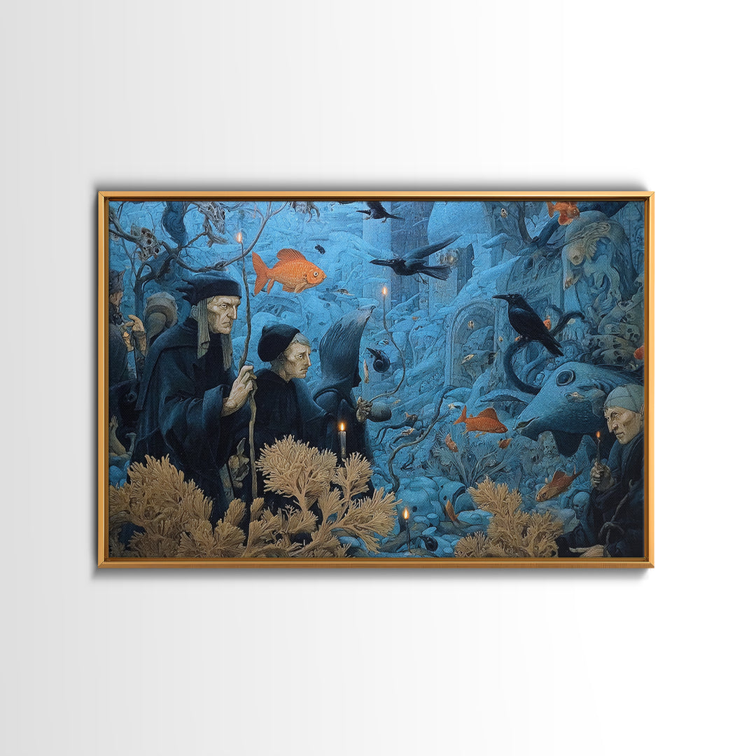 The Underwater Graveyard, Medieval Grotesque Art, Landscape Wall Art, Dark Halloween Decor, Framed Canvas Print, Halloween Wall Art
