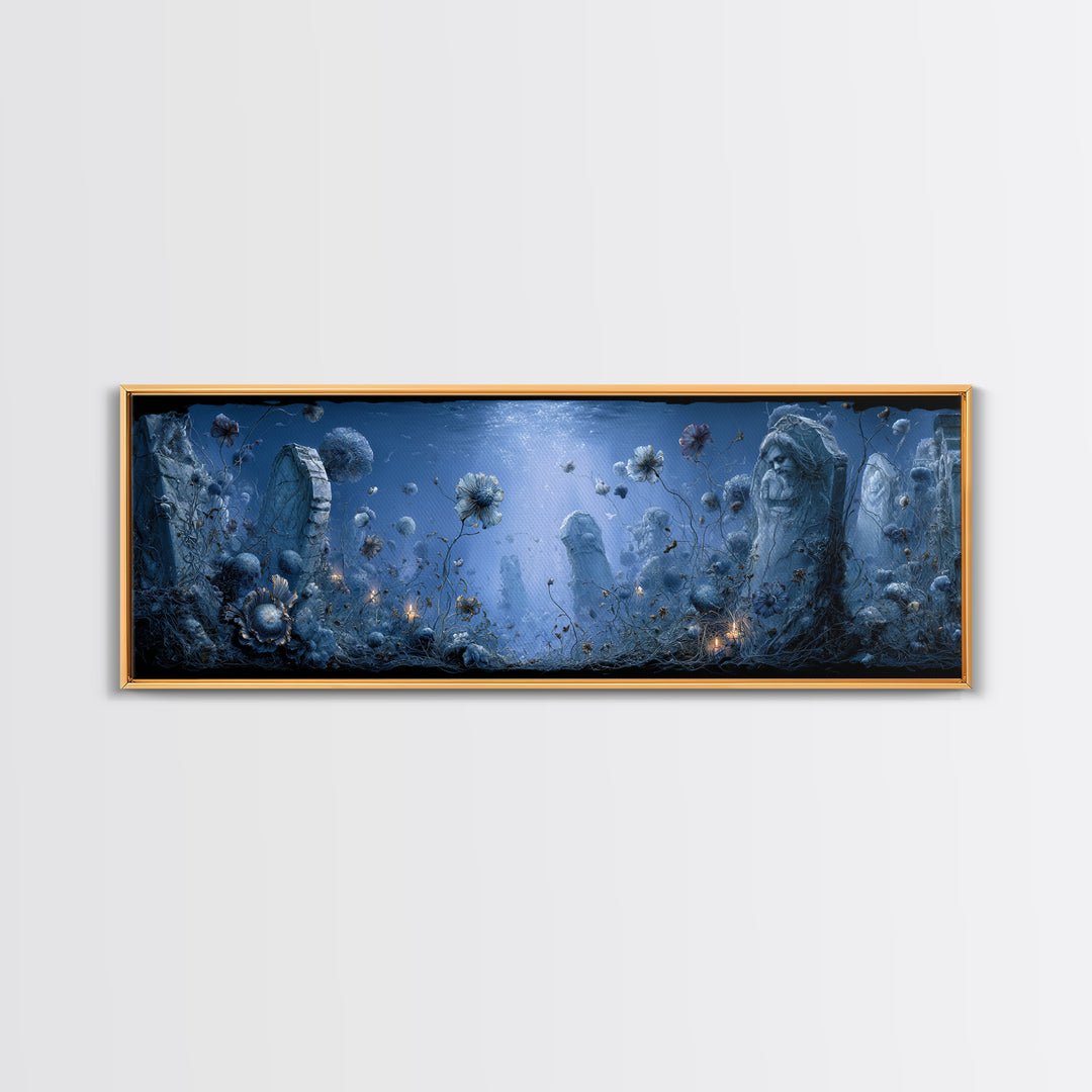 The Underwater Graveyard, Symbolist Dream Art, Extra Wide Wall Art, Dark Halloween Decor, Canvas Print, Halloween Wall Art