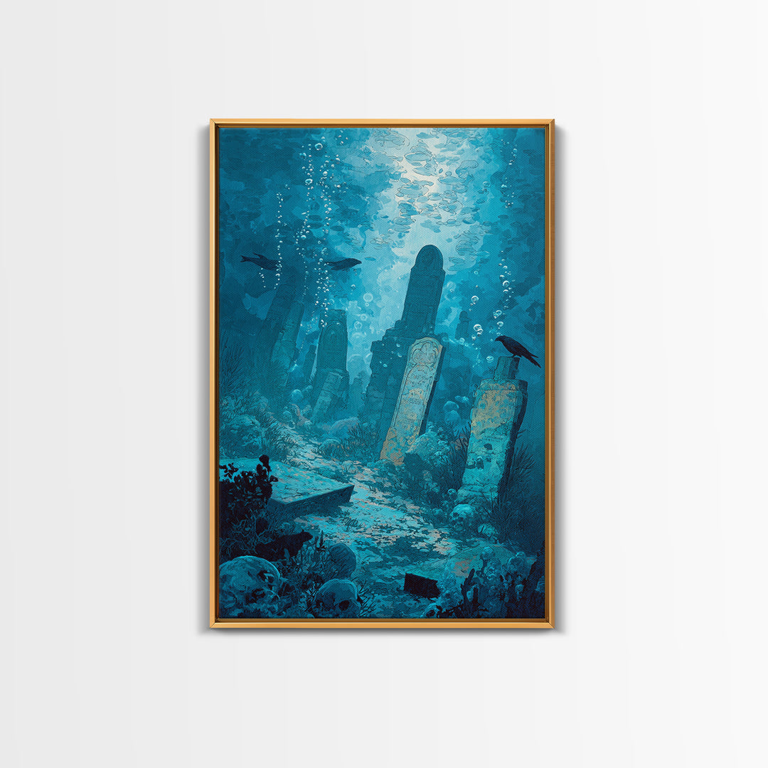The Underwater Graveyard, Decadent Gothic Art, Vertical Wall Art, Gothic Horror Wall Art, Framed Canvas Print, Halloween Wall Art