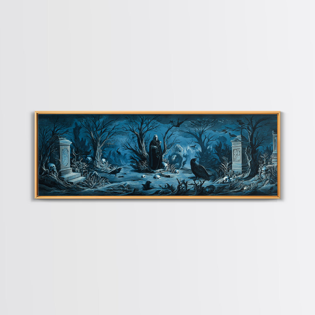 The Underwater Graveyard, Symbolist Etching Art, Extra Wide Wall Art, Macabre Wall Art, Canvas Print, Halloween Wall Art
