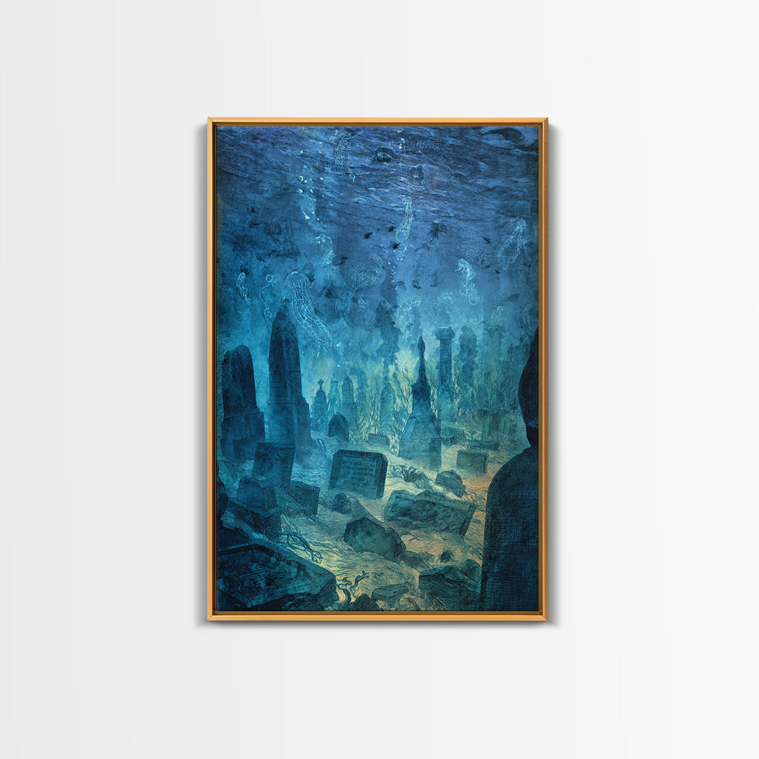 The Underwater Graveyard, Expressionist Gothic Art, Vertical Wall Art, Dark Fantasy Wall Art, Framed Canvas Print, Halloween Wall Art