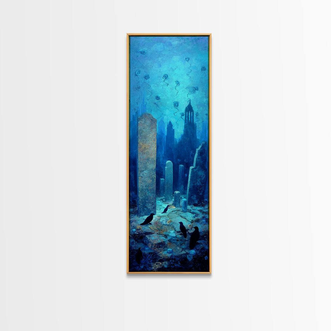 The Underwater Graveyard, Surreal Apocalyptic Art, Tall Narrow Wall Art, Gothic Horror Wall Art, Framed Canvas Print