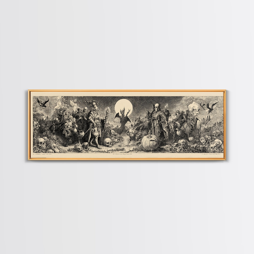 Desert Halloween, Renaissance Engraving Art, Extra Wide Wall Art, Macabre Wall Art, Framed Canvas Print, Halloween Wall Art