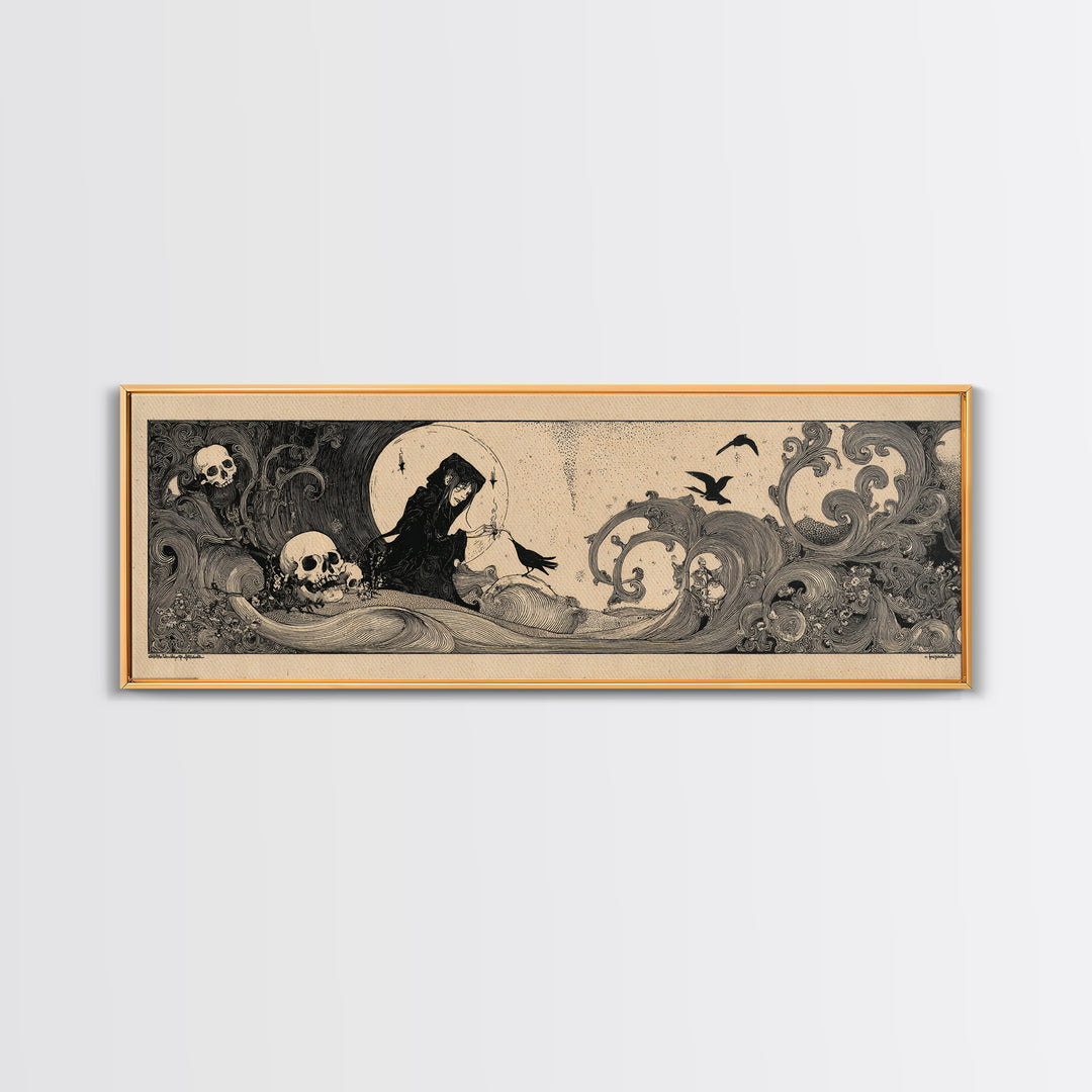 Desert Halloween, Decadent Line Art, Extra Wide Wall Art, Macabre Wall Art, Framed Canvas Print, Halloween Wall Art