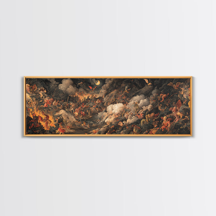 The Volcanic Demon Festival, Medieval Grotesque Art, Extra Wide Wall Art, Dark Halloween Decor, Framed Canvas Print