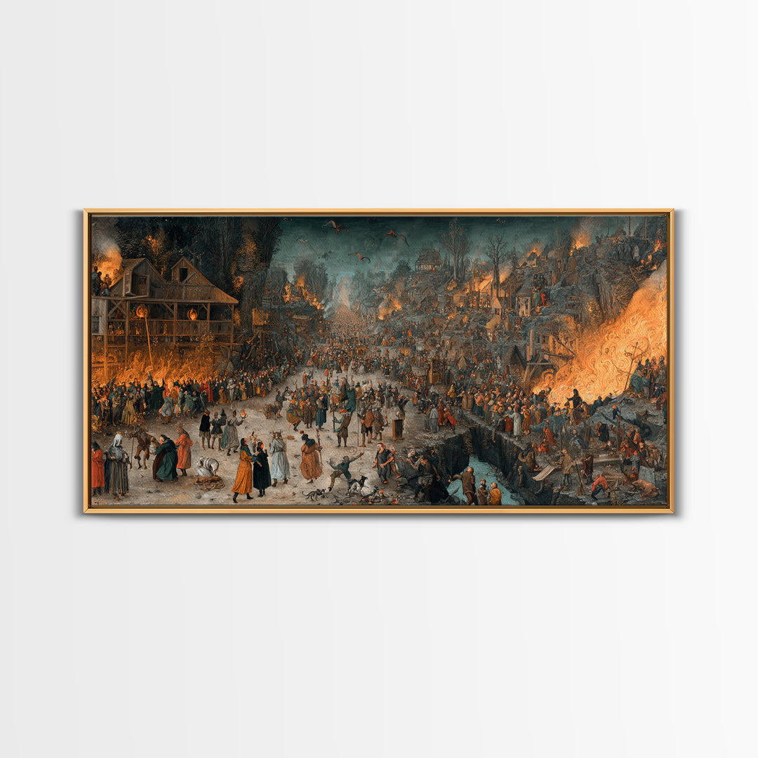 The Volcanic Demon Festival, Northern Renaissance Horror, Wide Panoramic Art, Gothic Horror Wall Art, Framed Canvas Print