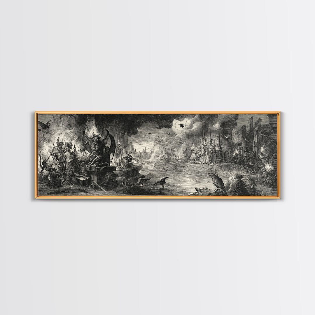 The Volcanic Demon Festival, Renaissance Engraving Art, Extra Wide Wall Art, Dark Halloween Decor, Canvas Print, Halloween Wall Art