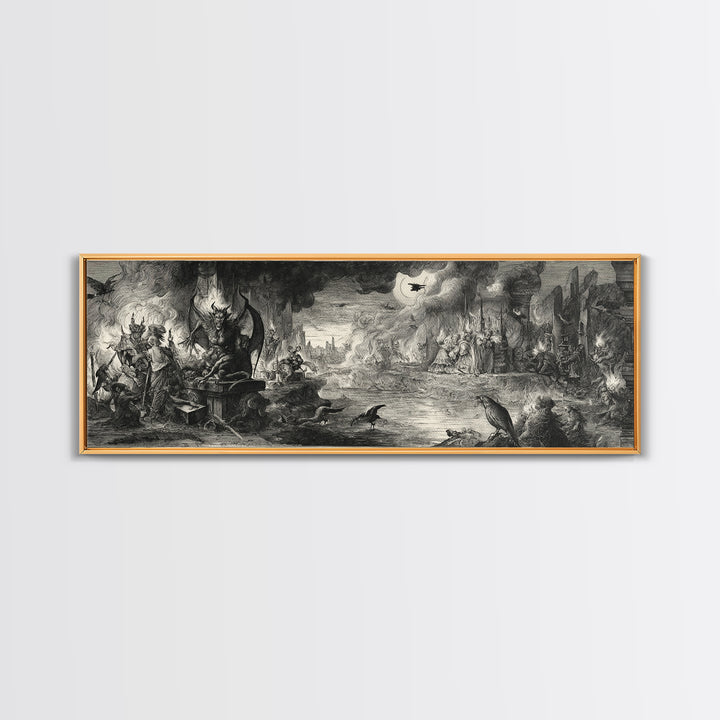 The Volcanic Demon Festival, Renaissance Engraving Art, Extra Wide Wall Art, Dark Halloween Decor, Canvas Print, Halloween Wall Art