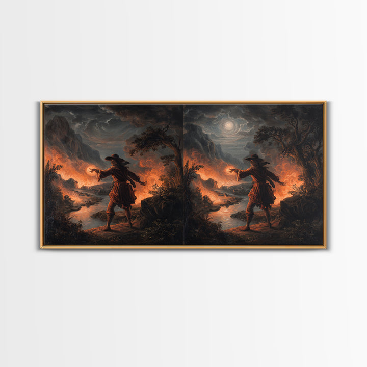 The Volcanic Demon Festival, Baroque Witchcraft Art, Wide Panoramic Art, Gothic Horror Wall Art, Framed Canvas Print, Halloween Wall Art