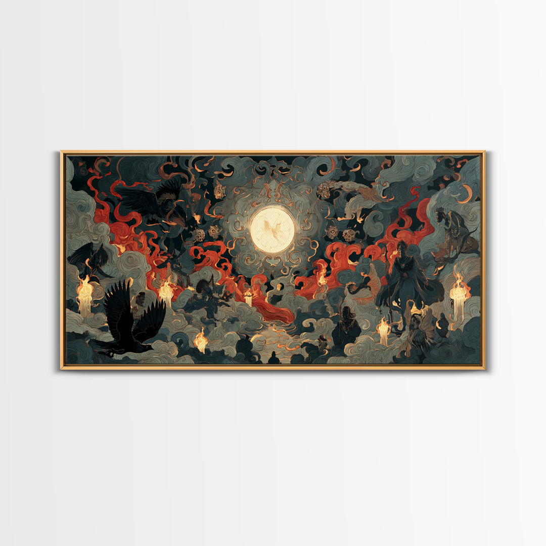 The Volcanic Demon Festival, Visionary Gothic Art, Wide Panoramic Art, Macabre Wall Art, Framed Canvas Print, Halloween Wall Art