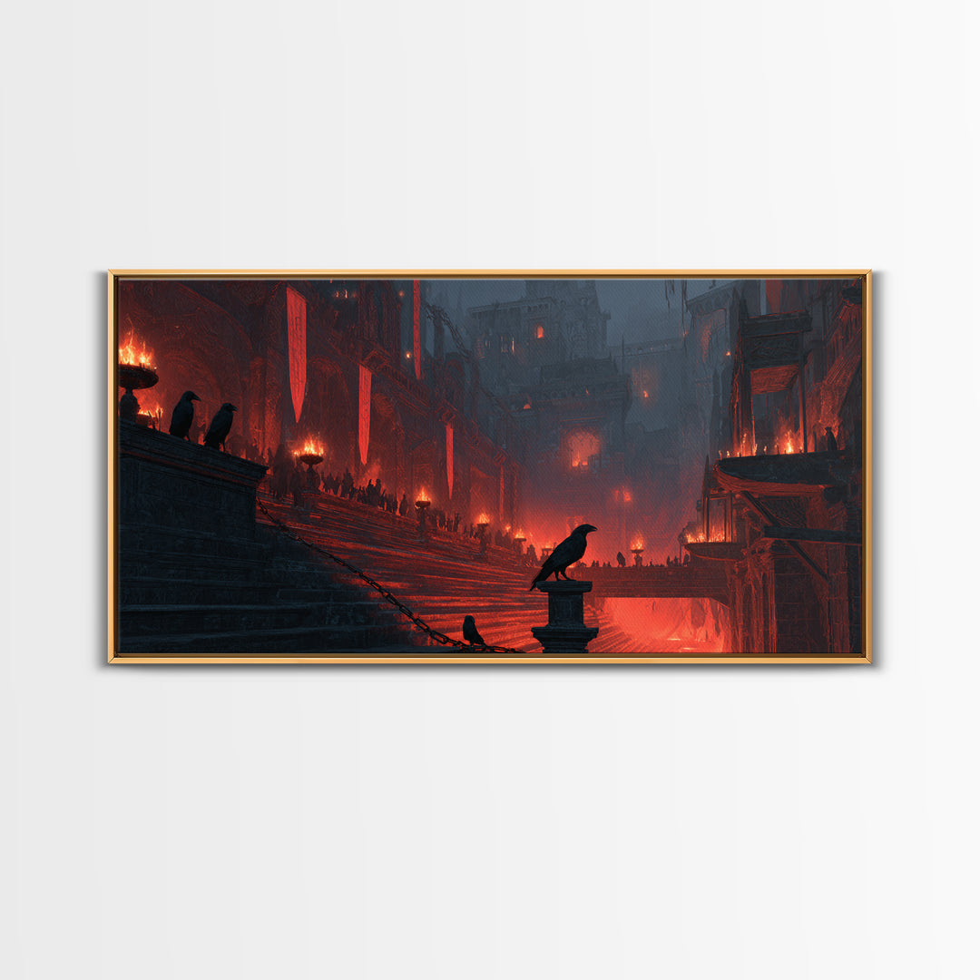 The Volcanic Demon Festival, Architectural Etching Art, Wide Panoramic Art, Gothic Horror Wall Art, Canvas Print