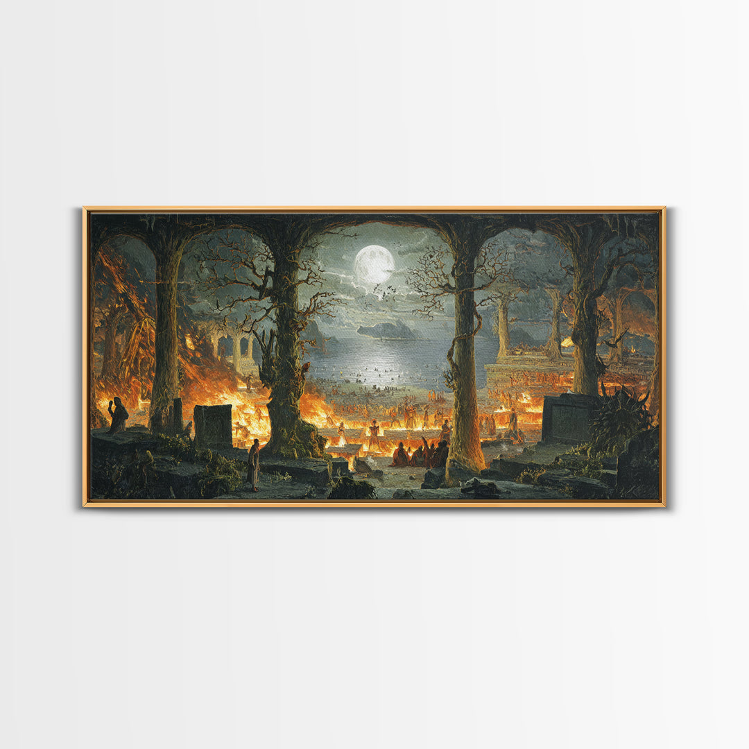 The Volcanic Demon Festival, Romantic Gothic Landscape, Wide Panoramic Art, Dark Halloween Decor, Canvas Print, Halloween Wall Art