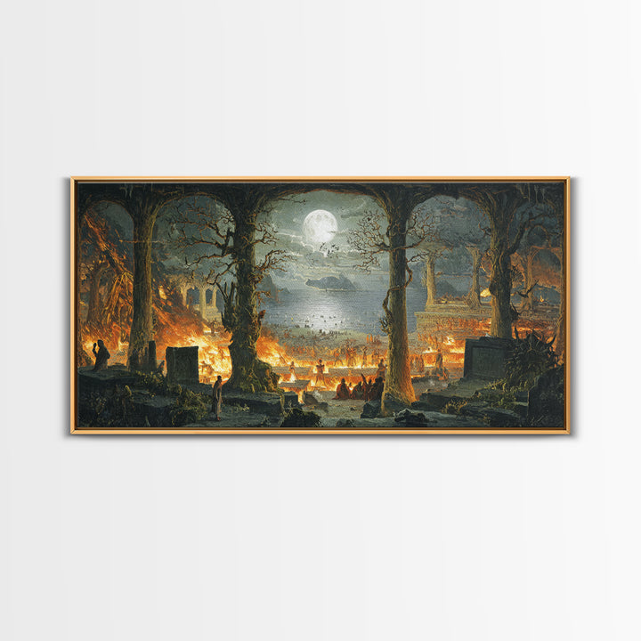 The Volcanic Demon Festival, Romantic Gothic Landscape, Wide Panoramic Art, Dark Halloween Decor, Canvas Print, Halloween Wall Art