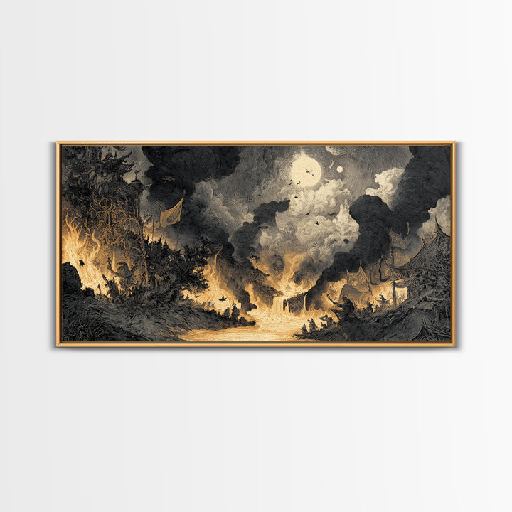The Volcanic Demon Festival, Expressionist Nightmare Art, Wide Panoramic Art, Dark Halloween Decor, Canvas Print, Halloween Wall Art