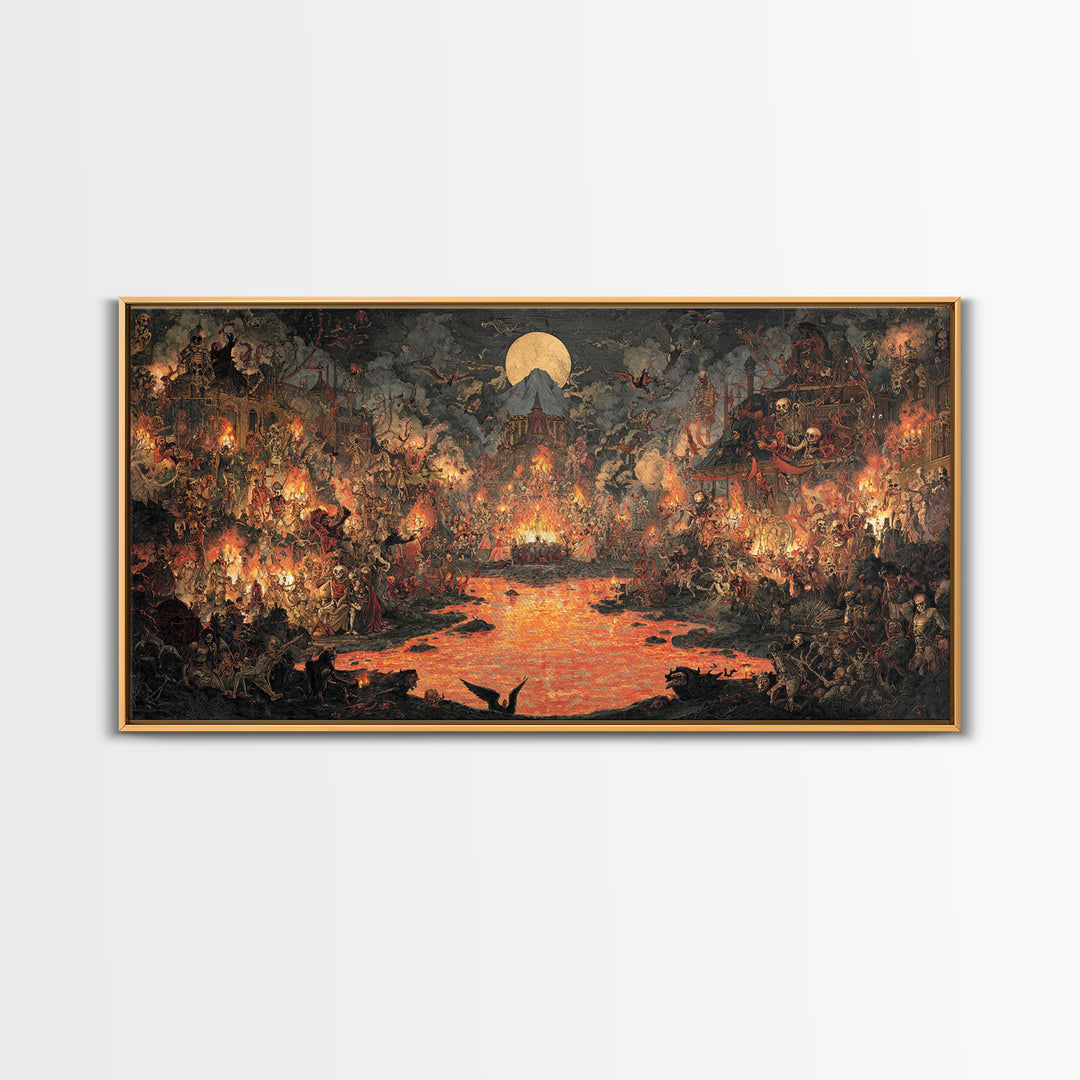The Volcanic Demon Festival, Grotesque Carnival Art, Wide Panoramic Art, Dark Fantasy Wall Art, Framed Canvas Print, Halloween Wall Art