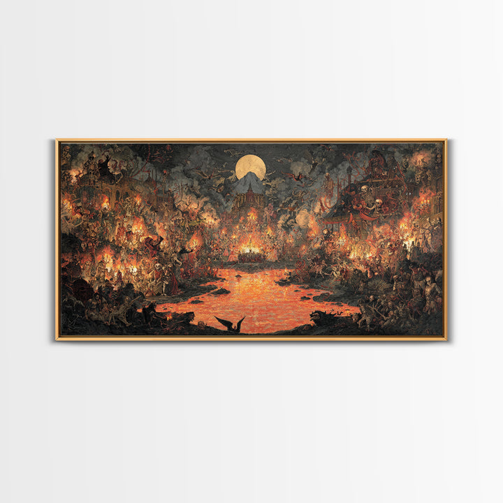 The Volcanic Demon Festival, Grotesque Carnival Art, Wide Panoramic Art, Dark Fantasy Wall Art, Framed Canvas Print, Halloween Wall Art