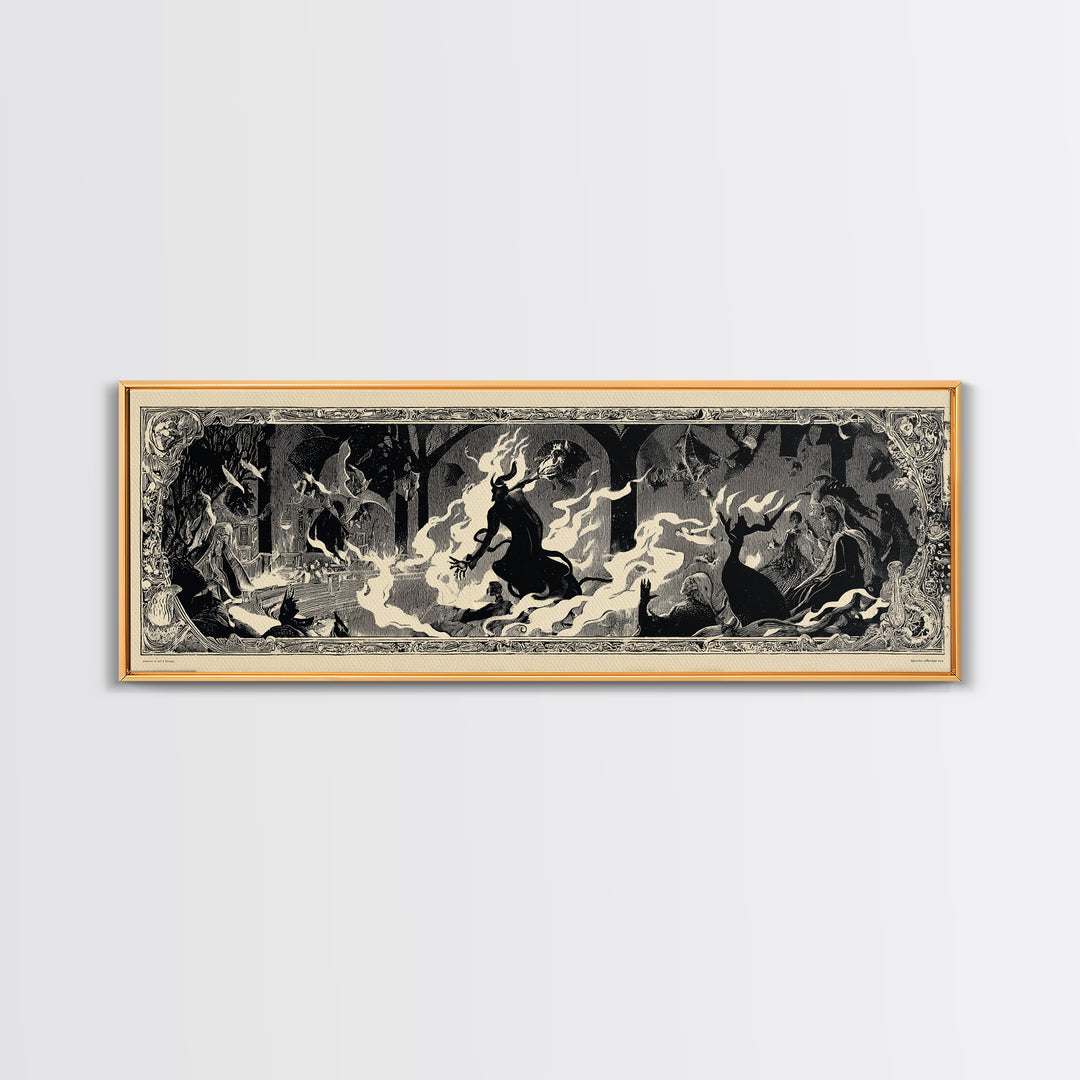 The Volcanic Demon Festival, Decadent Line Art, Extra Wide Wall Art, Dark Halloween Decor, Framed Canvas Print