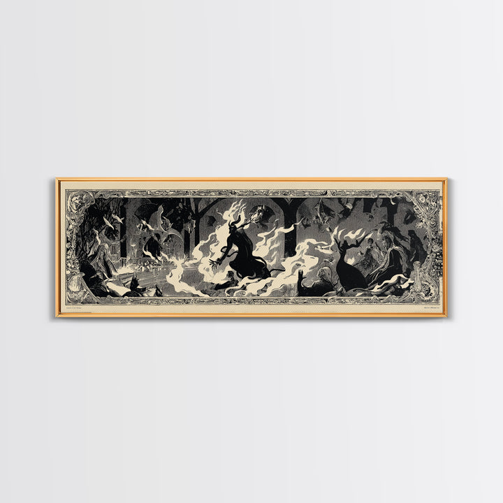 The Volcanic Demon Festival, Decadent Line Art, Extra Wide Wall Art, Dark Halloween Decor, Framed Canvas Print