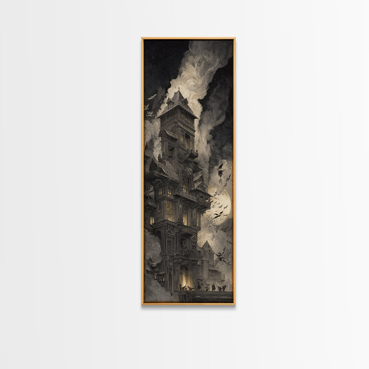 The Clockwork Haunted House, Gothic Engraving Art, Tall Narrow Wall Art, Dark Fantasy Wall Art, Canvas Print, Halloween Wall Art