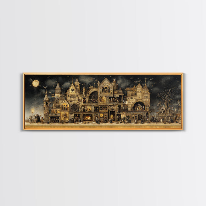 The Clockwork Haunted House, Medieval Grotesque Art, Extra Wide Wall Art, Gothic Horror Wall Art, Canvas Print, Halloween Wall Art