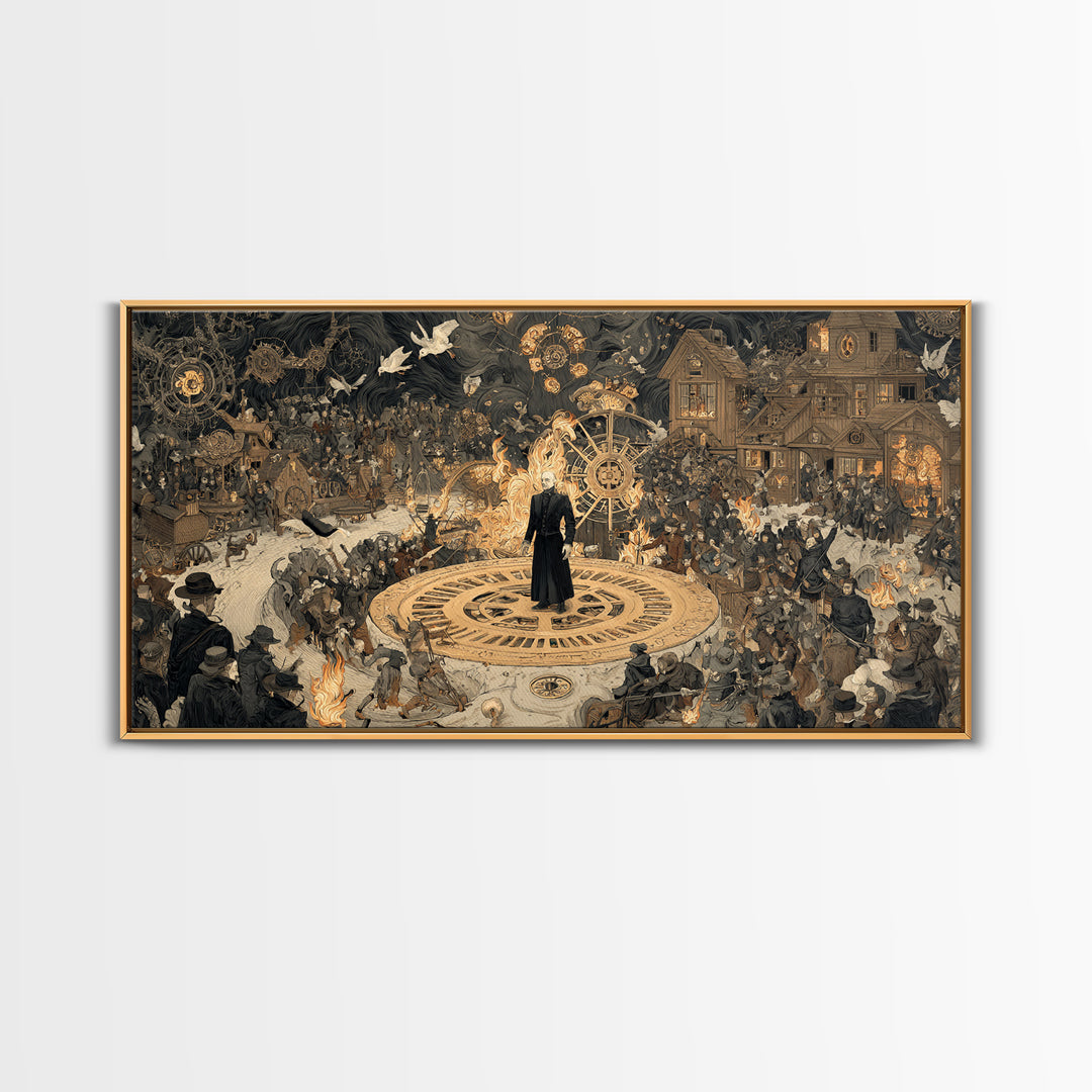 The Clockwork Haunted House, Northern Renaissance Horror, Wide Panoramic Art, Macabre Wall Art, Framed Canvas Print